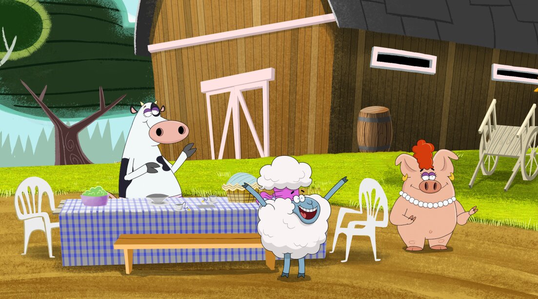 Arte conceptual de una granja animada con personajes